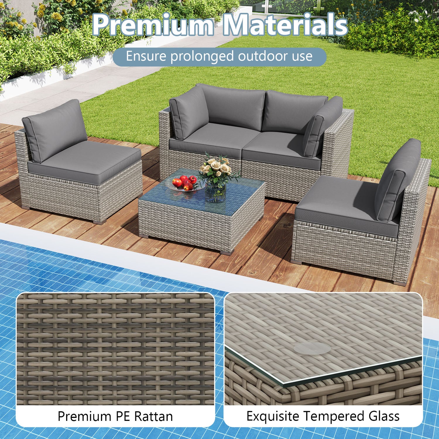 5-Piece Outdoor Patio Sectional Sofa Couch and Glass Coffee Table with Cushions