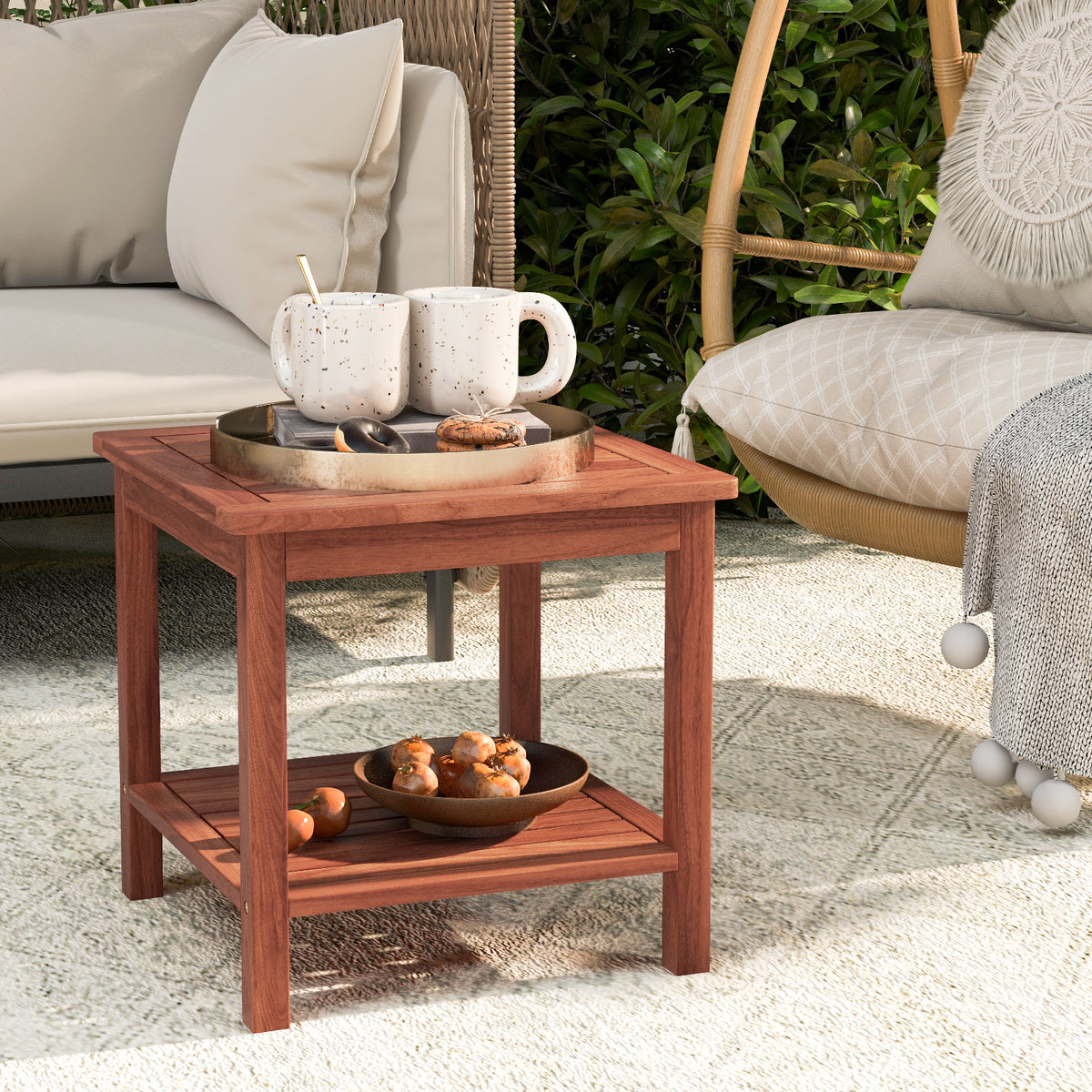 Set of 2 Double-Tier Acacia Wood Patio Side Table with Slatted Tabletop and Shelf