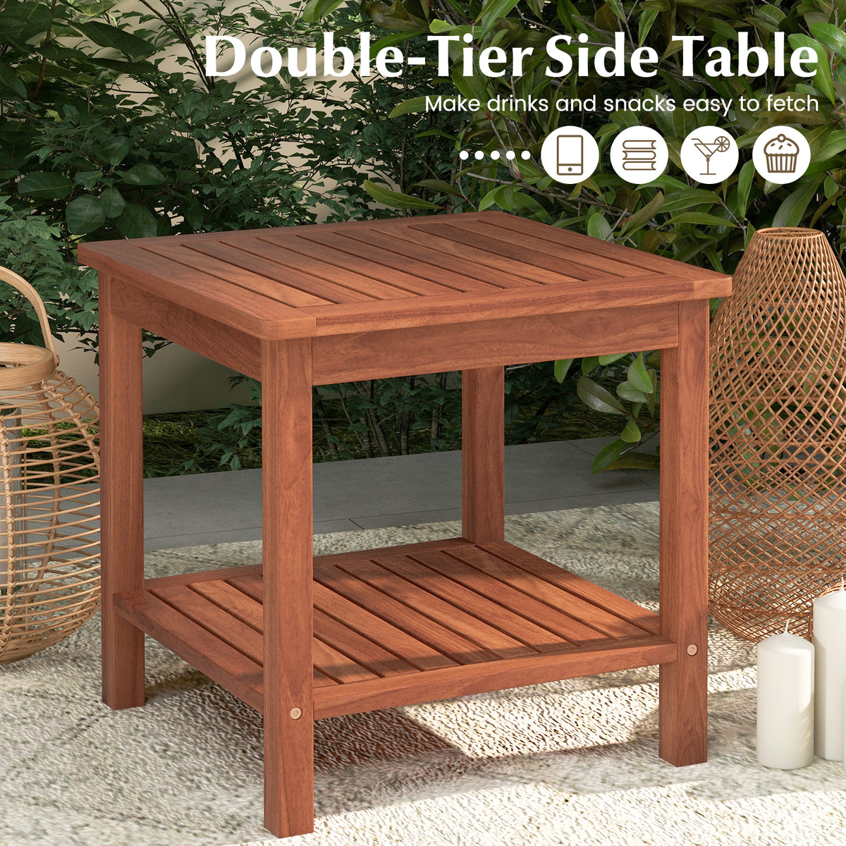 Set of 2 Double-Tier Acacia Wood Patio Side Table with Slatted Tabletop and Shelf