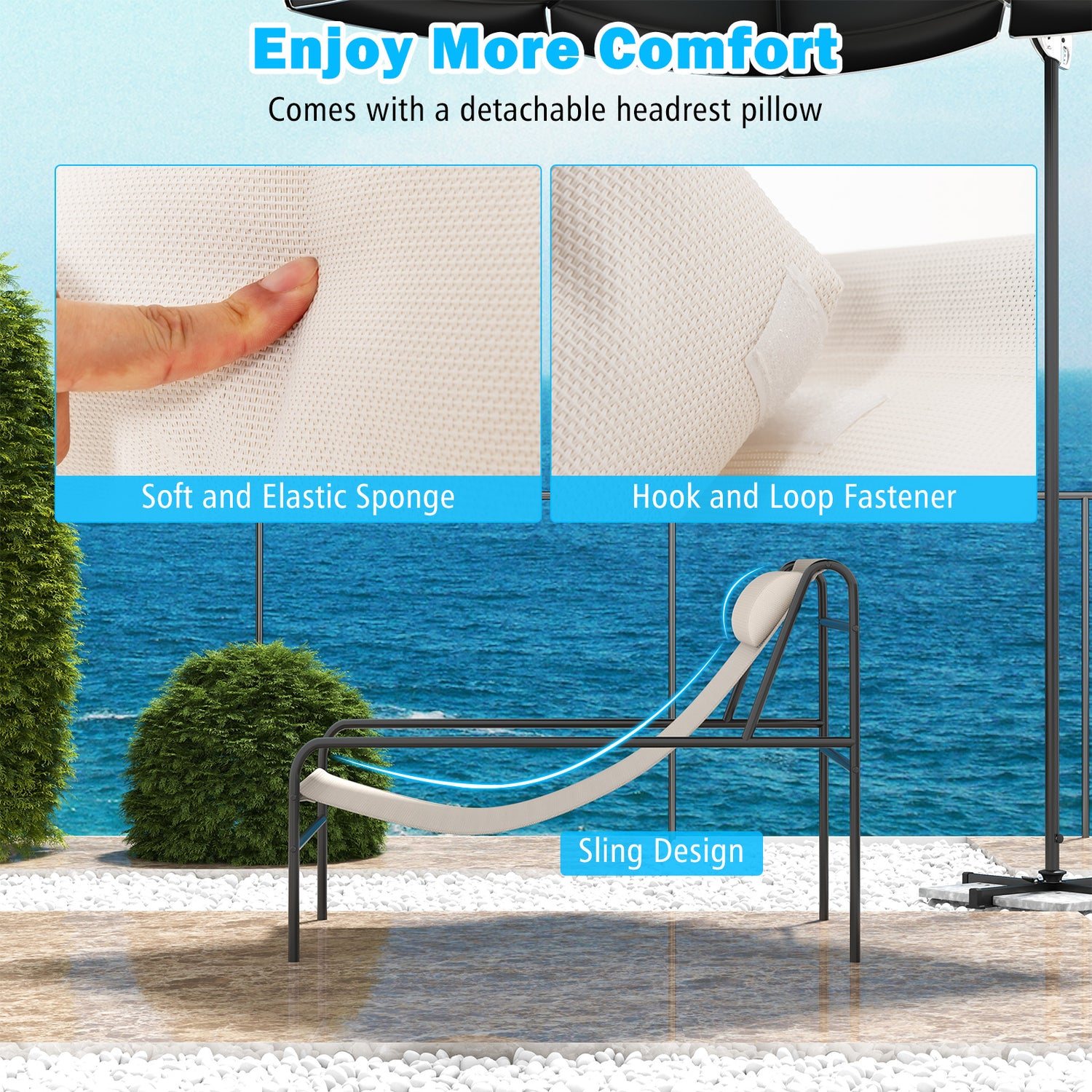 Patio Sling Lounge Chair with Removable Headrest Pillow and Metal Frame-Beige