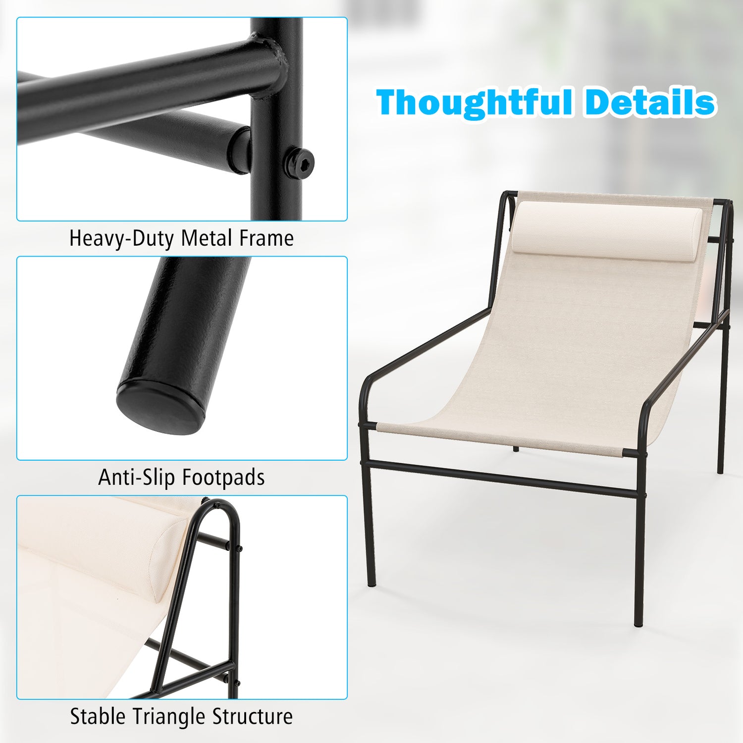 Patio Sling Lounge Chair with Removable Headrest Pillow and Metal Frame-Beige
