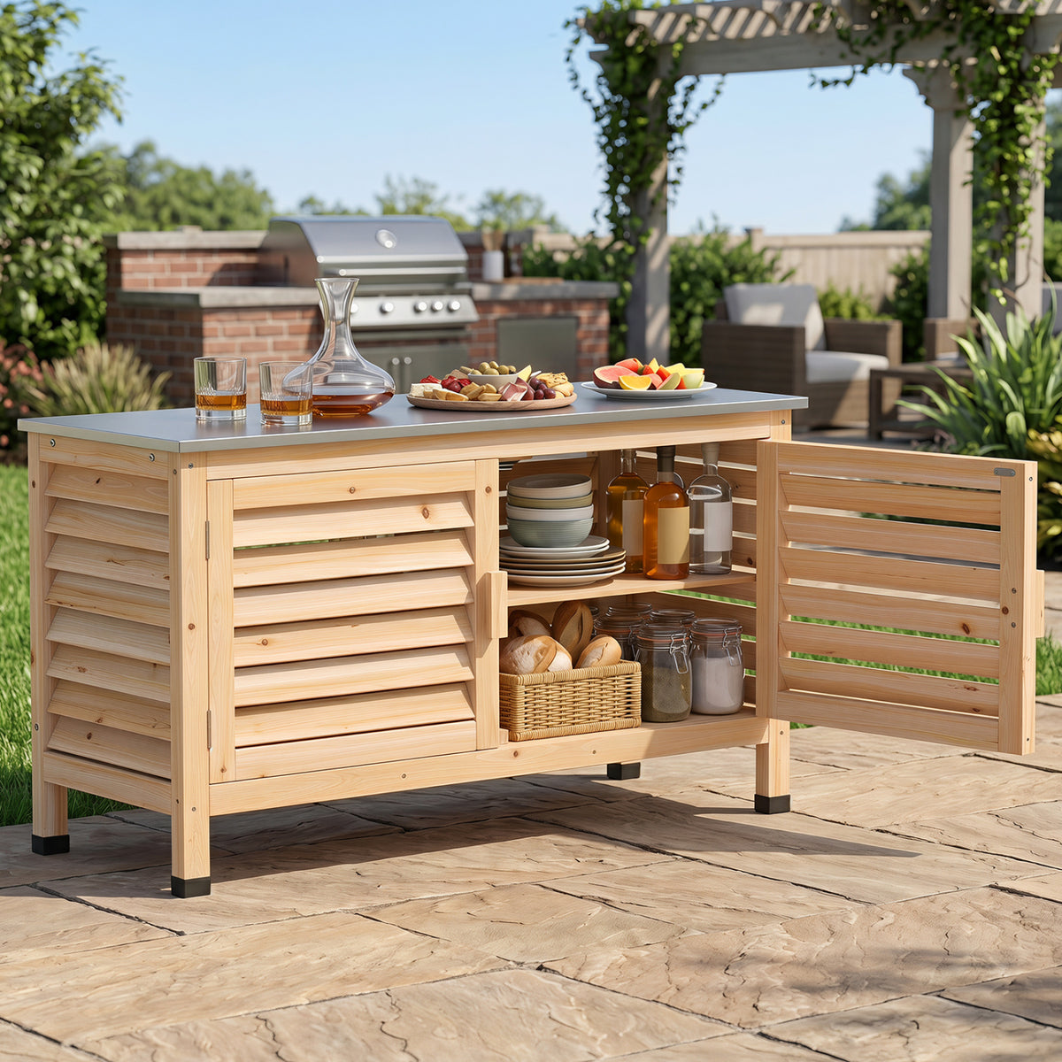 Patio Storage Cabinet with Stainless Steel Countertop and L-Shaped Shelf for Garden