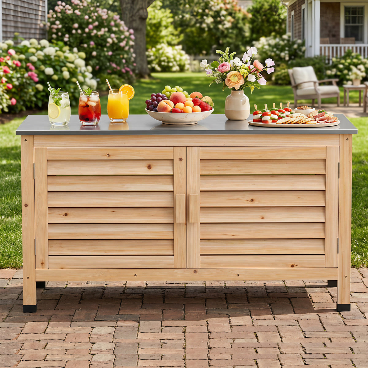 Patio Storage Cabinet with Stainless Steel Countertop and L-Shaped Shelf for Garden