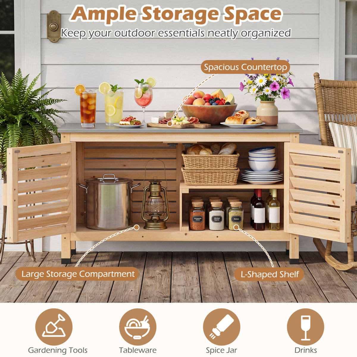 Patio Storage Cabinet with Stainless Steel Countertop and L-Shaped Shelf for Garden