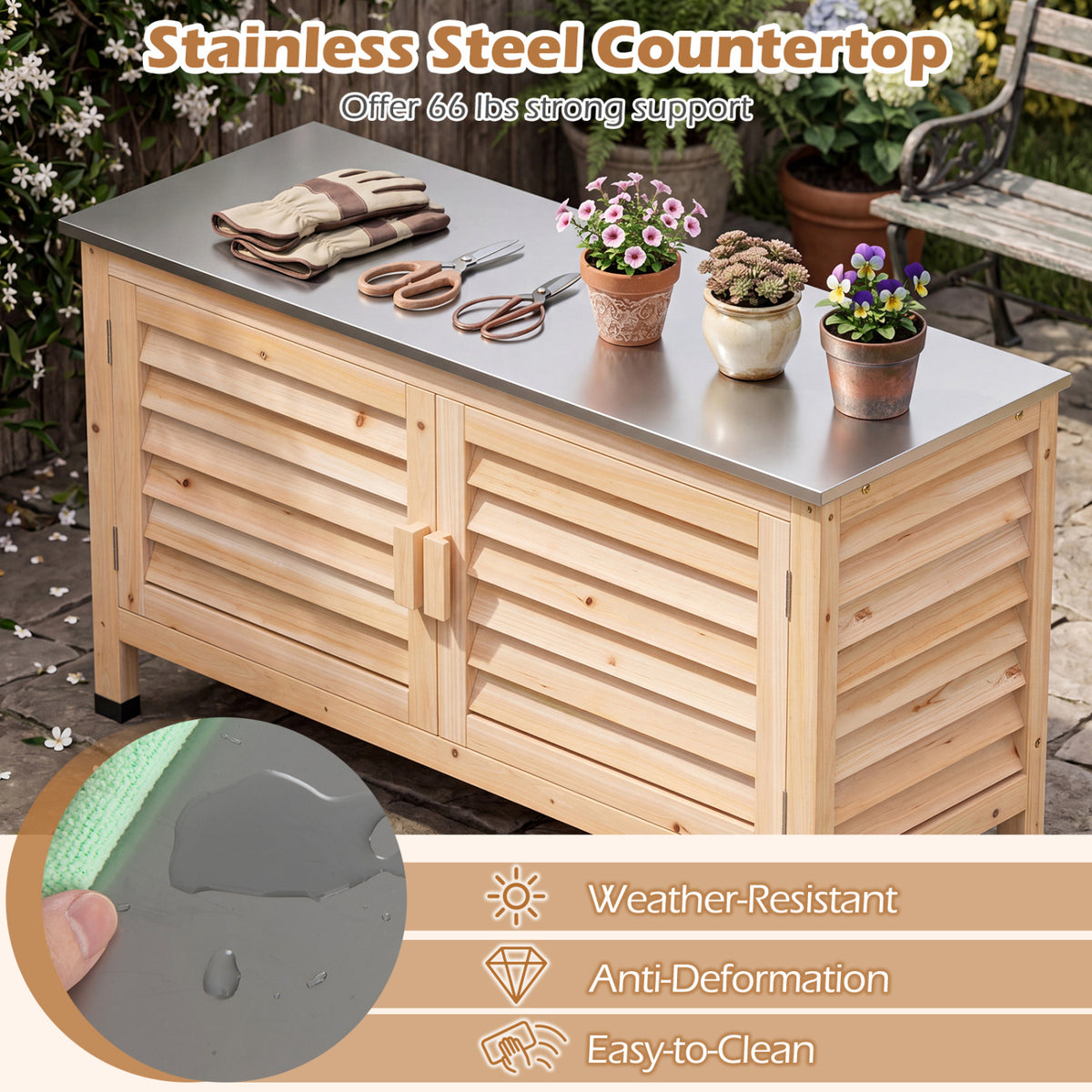 Patio Storage Cabinet with Stainless Steel Countertop and L-Shaped Shelf for Garden