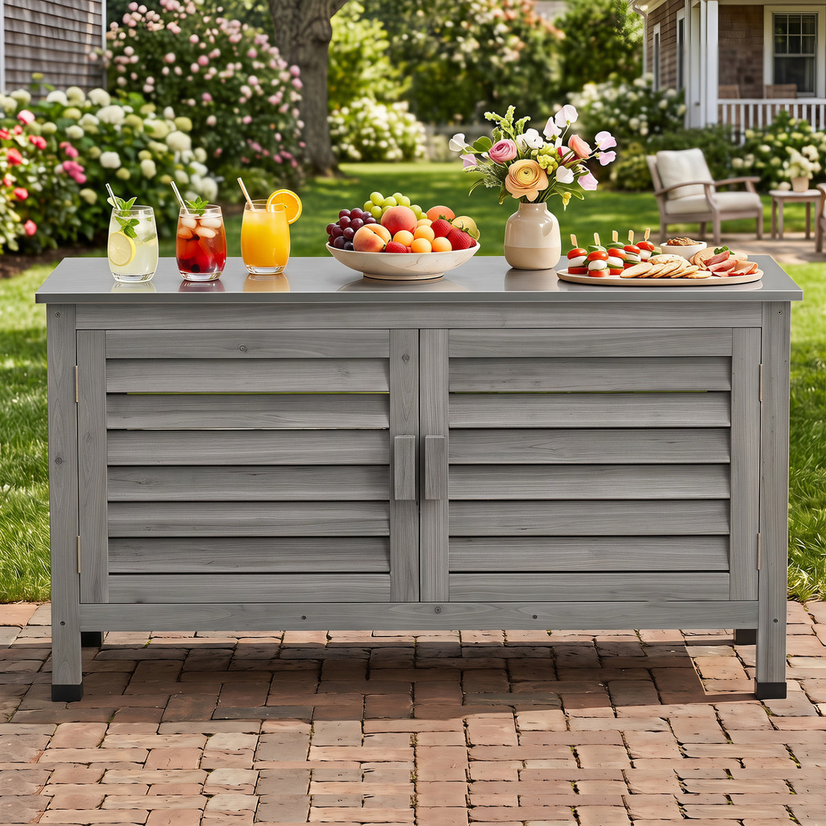 Patio Storage Cabinet with Stainless Steel Countertop and L-Shaped Shelf for Garden