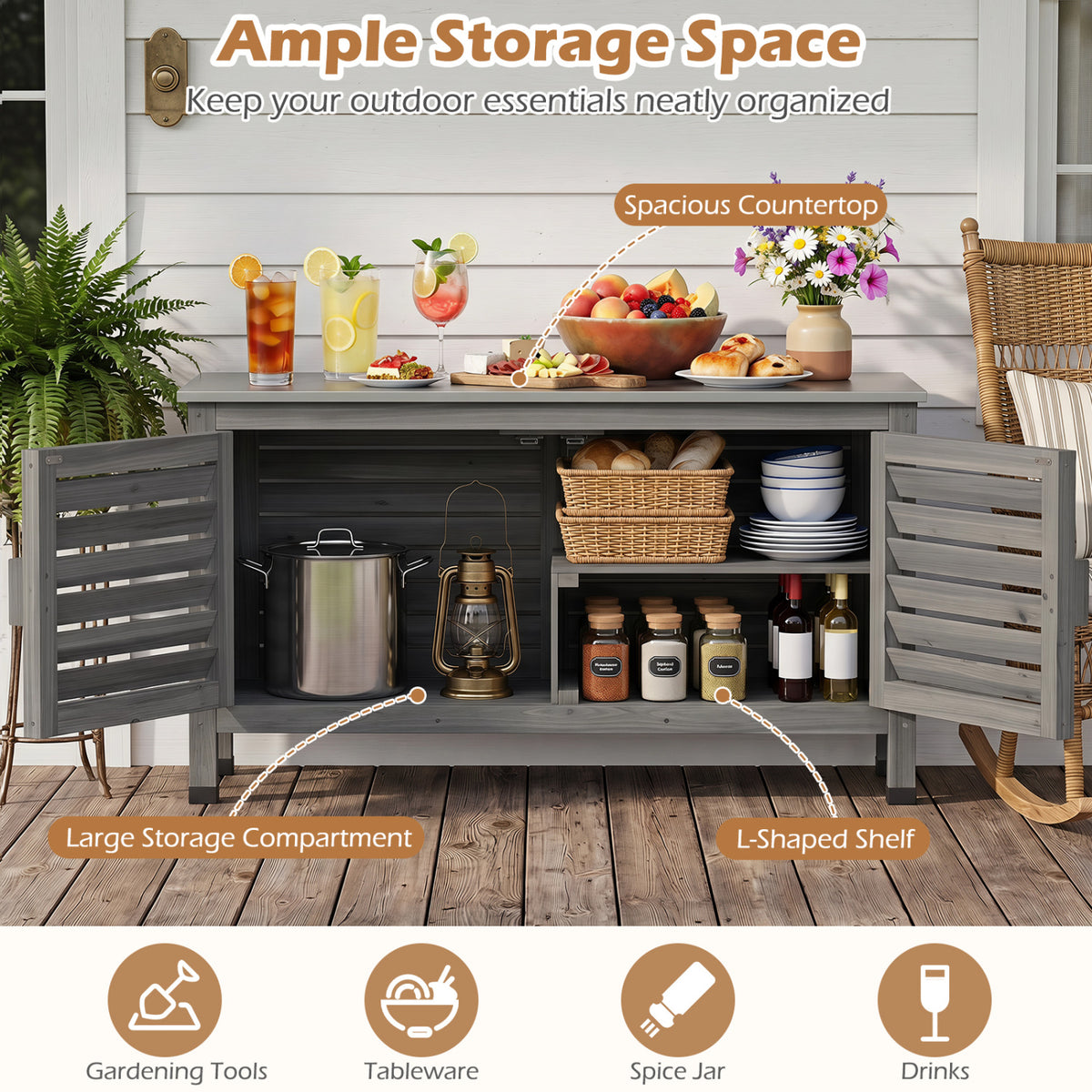 Patio Storage Cabinet with Stainless Steel Countertop and L-Shaped Shelf for Garden