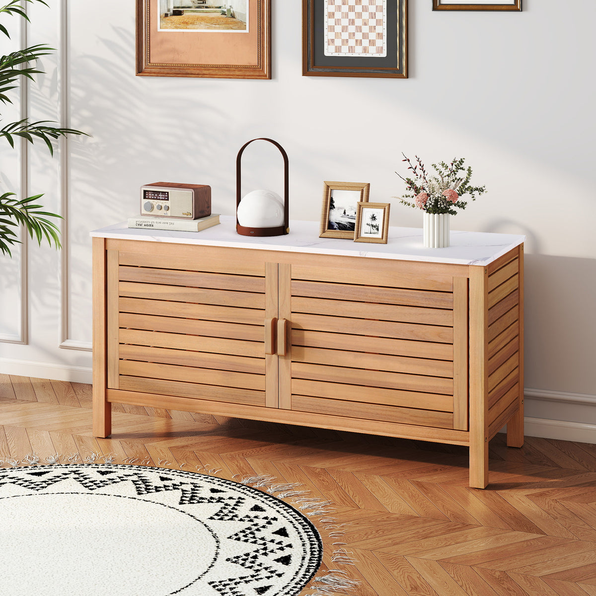 Patio Storage Cabinet 2-Door Acacia Wood Storage Container with Faux Marble Top