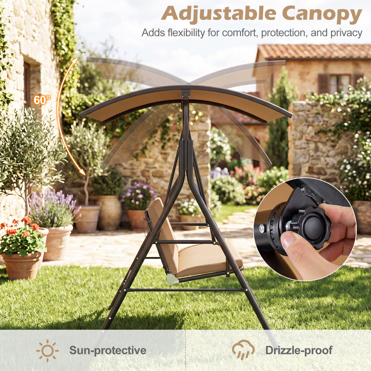 Patio Swing Chair with Adjustable Canopy & Removable Cushion and Metal Stand
