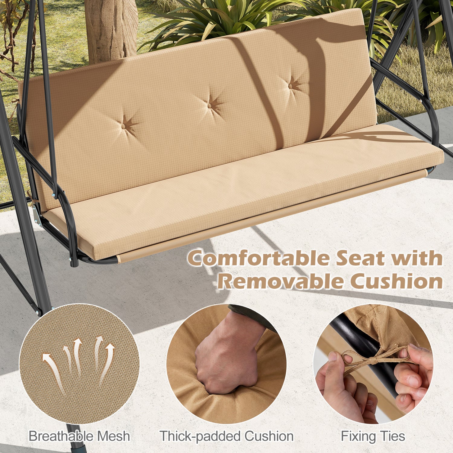 Patio Swing Chair with Adjustable Canopy & Removable Cushion and Metal Stand