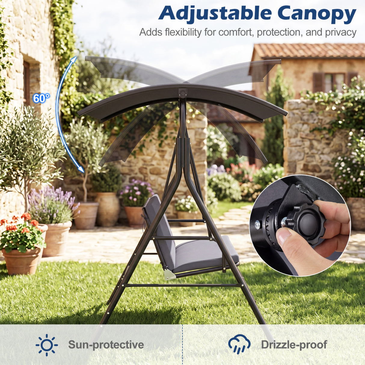 Patio Swing Chair with Adjustable Canopy & Removable Cushion and Metal Stand