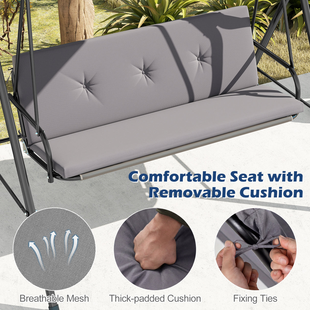 Patio Swing Chair with Adjustable Canopy & Removable Cushion and Metal Stand