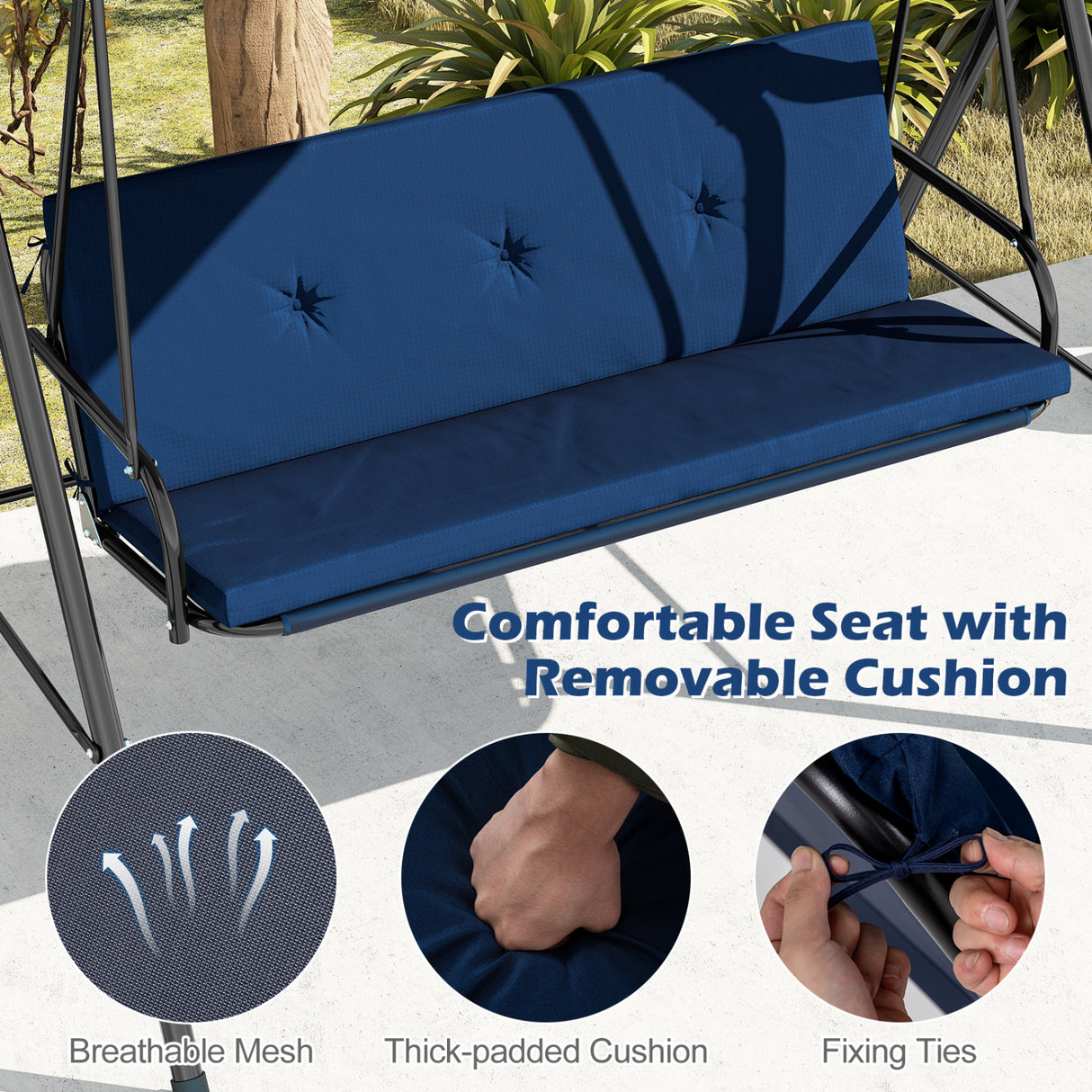 Patio Swing Chair with Adjustable Canopy & Removable Cushion and Metal Stand