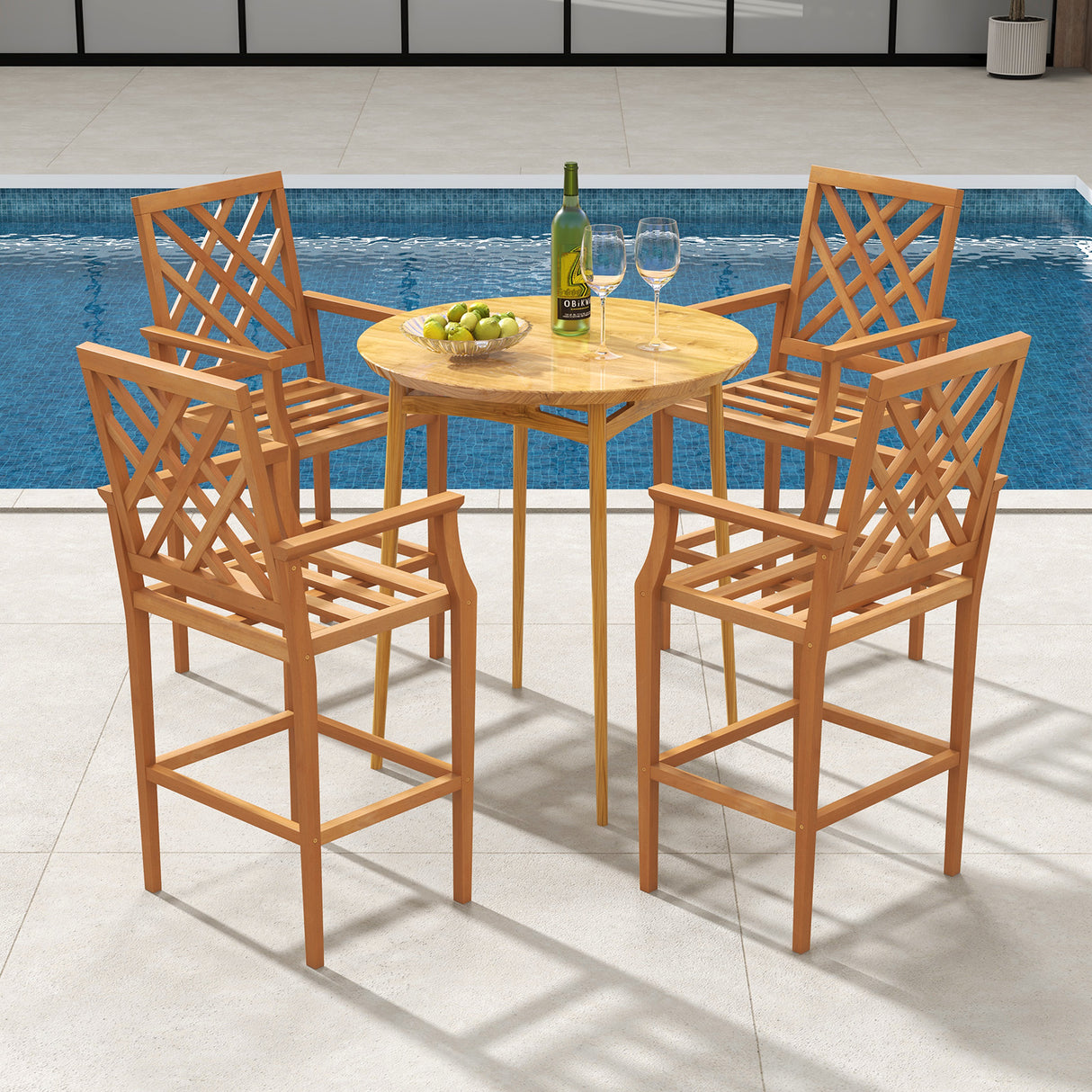Patio Teak Wood Bar Stool Outdoor Counter Height Chair with Ergonomic Backrest
