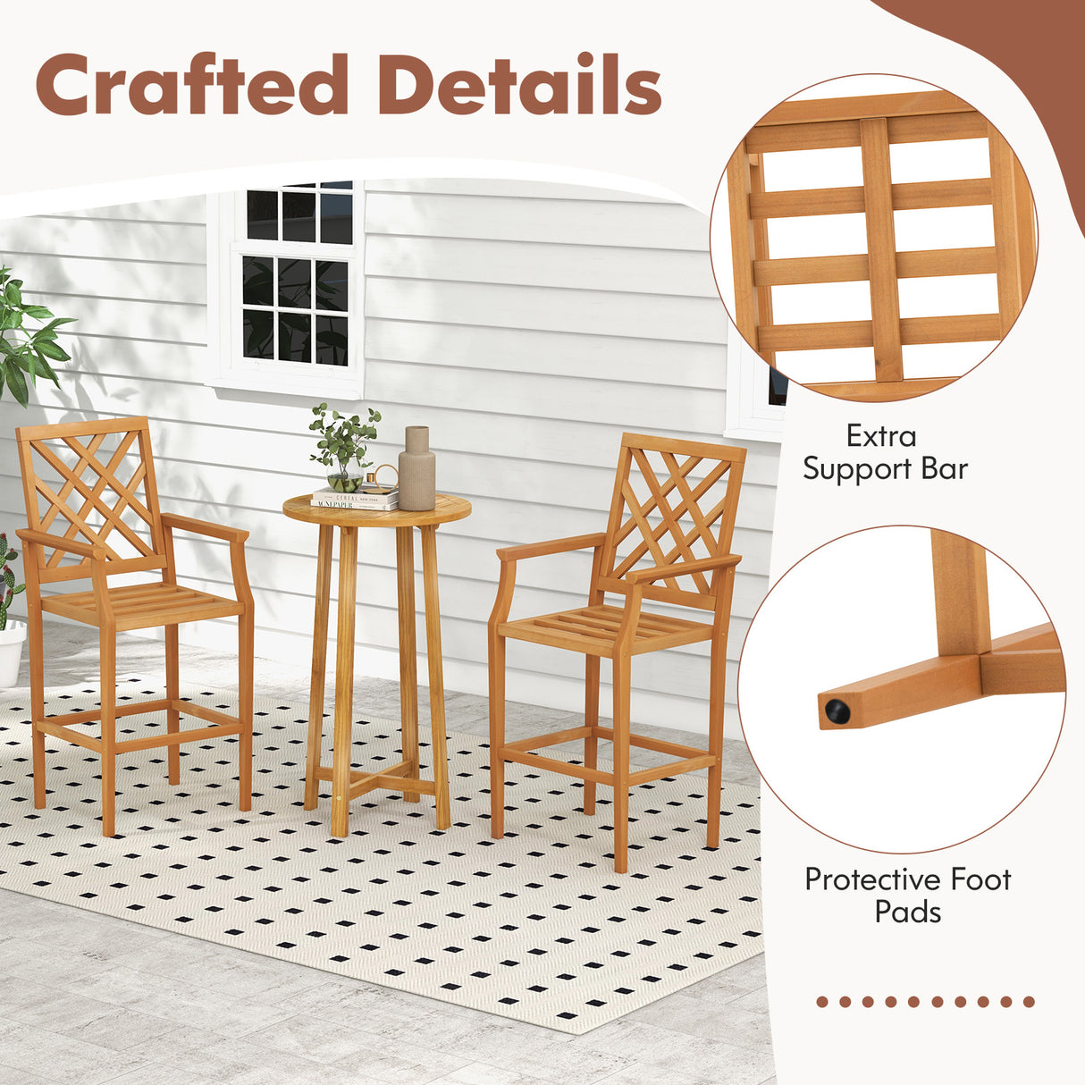 Patio Teak Wood Bar Stool Outdoor Counter Height Chair with Ergonomic Backrest