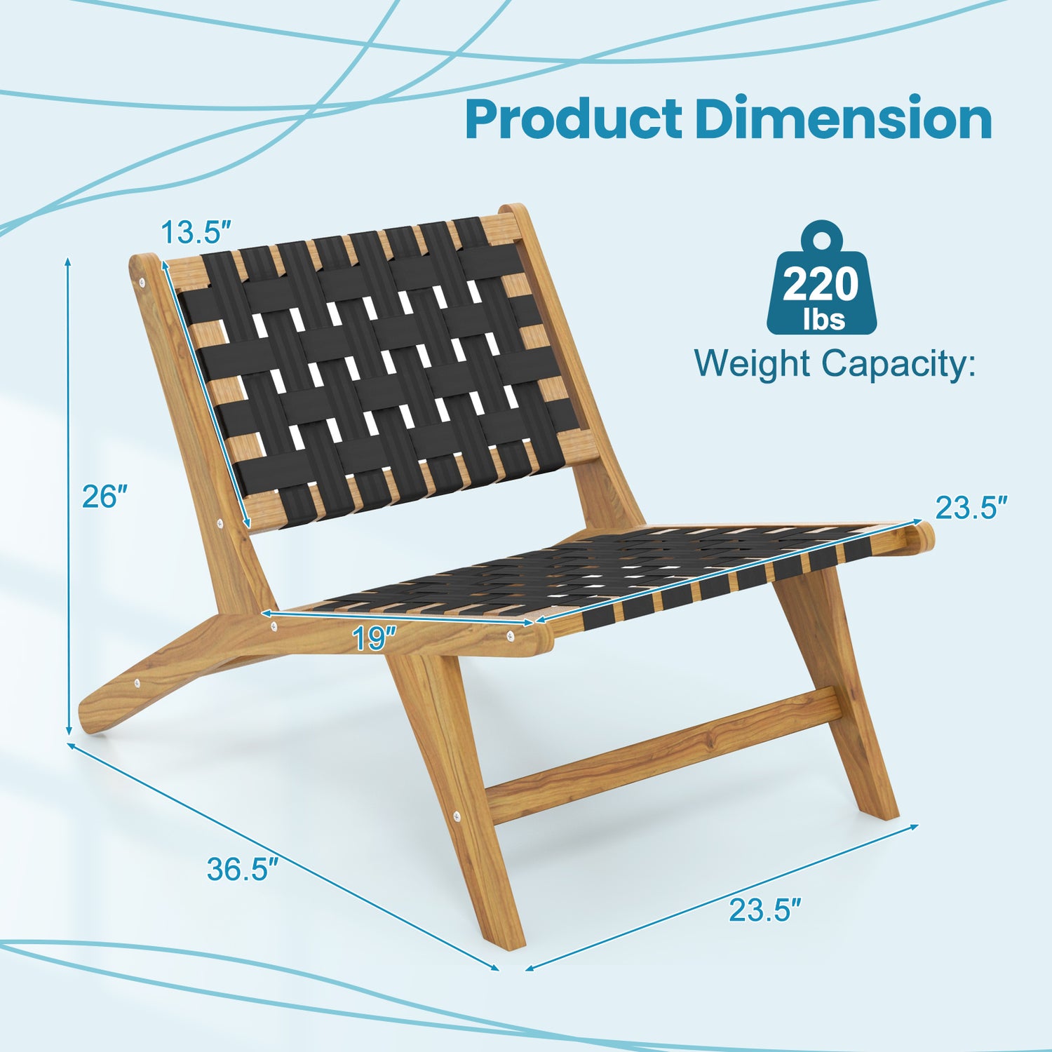 Indoor Patio Teak Wooden Chair with Woven Webbing Seat and Backrest