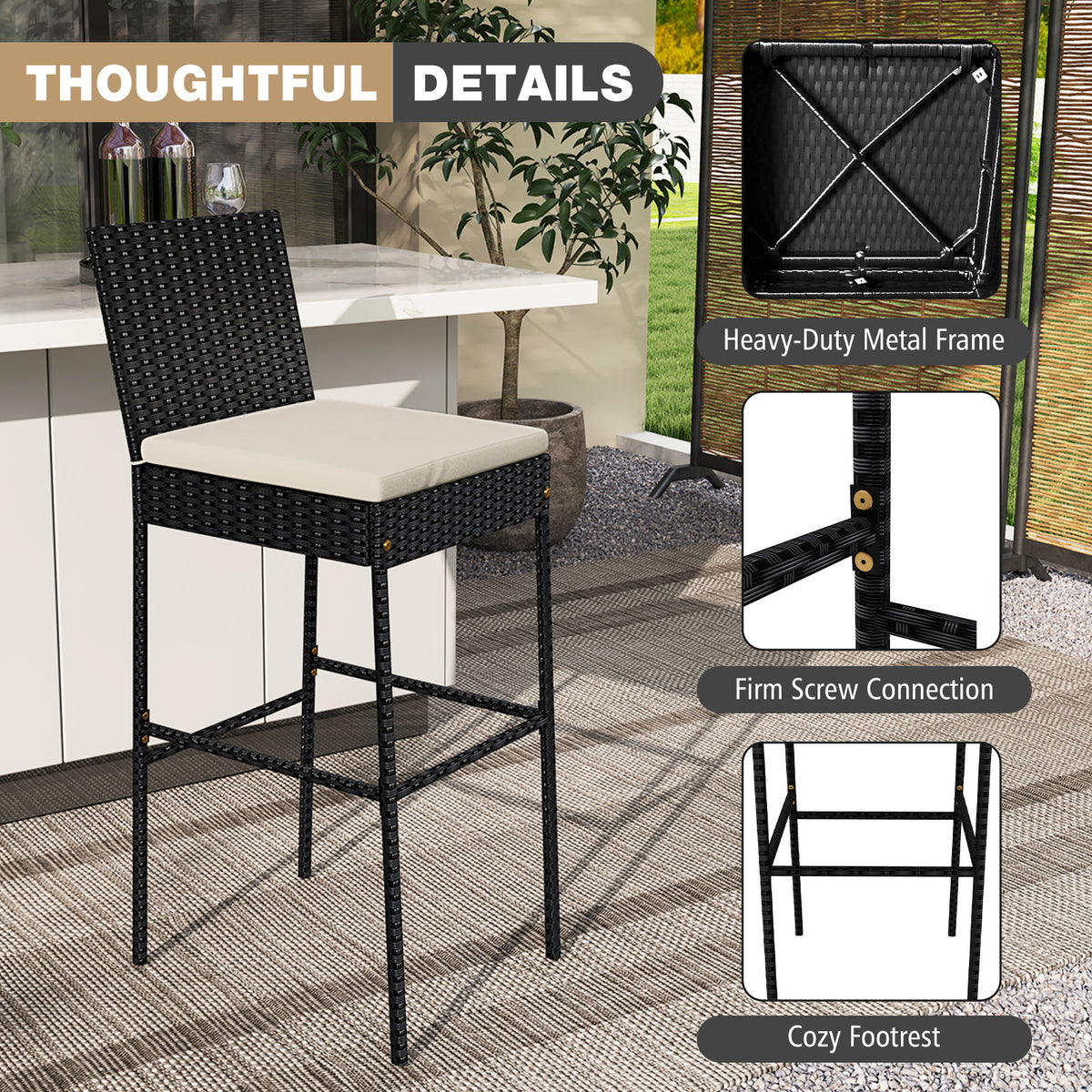 Patio Wicker Barstools with Footrest and Backrest Set of 4