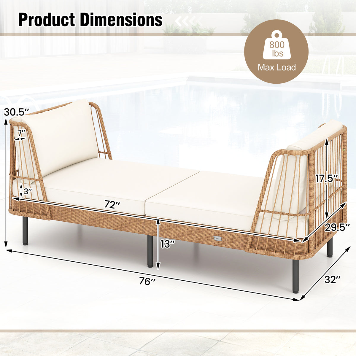 Patio Wicker Daybed Outdoor Boho Rattan Loveseat Sofa with Seat and Back Cushions
