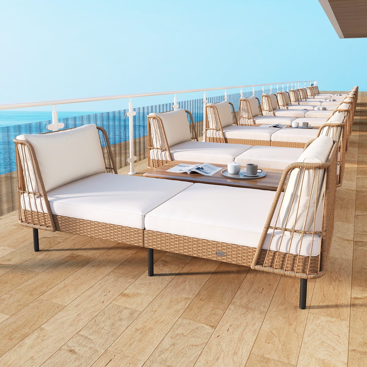 Patio Wicker Daybed Outdoor Boho Rattan Loveseat Sofa with Seat and Back Cushions