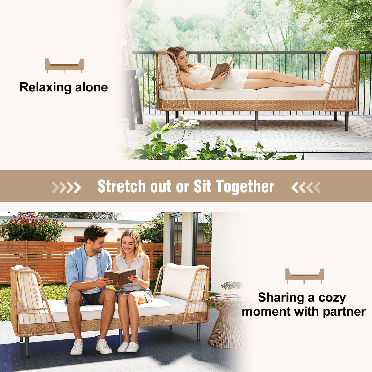Patio Wicker Daybed Outdoor Boho Rattan Loveseat Sofa with Seat and Back Cushions