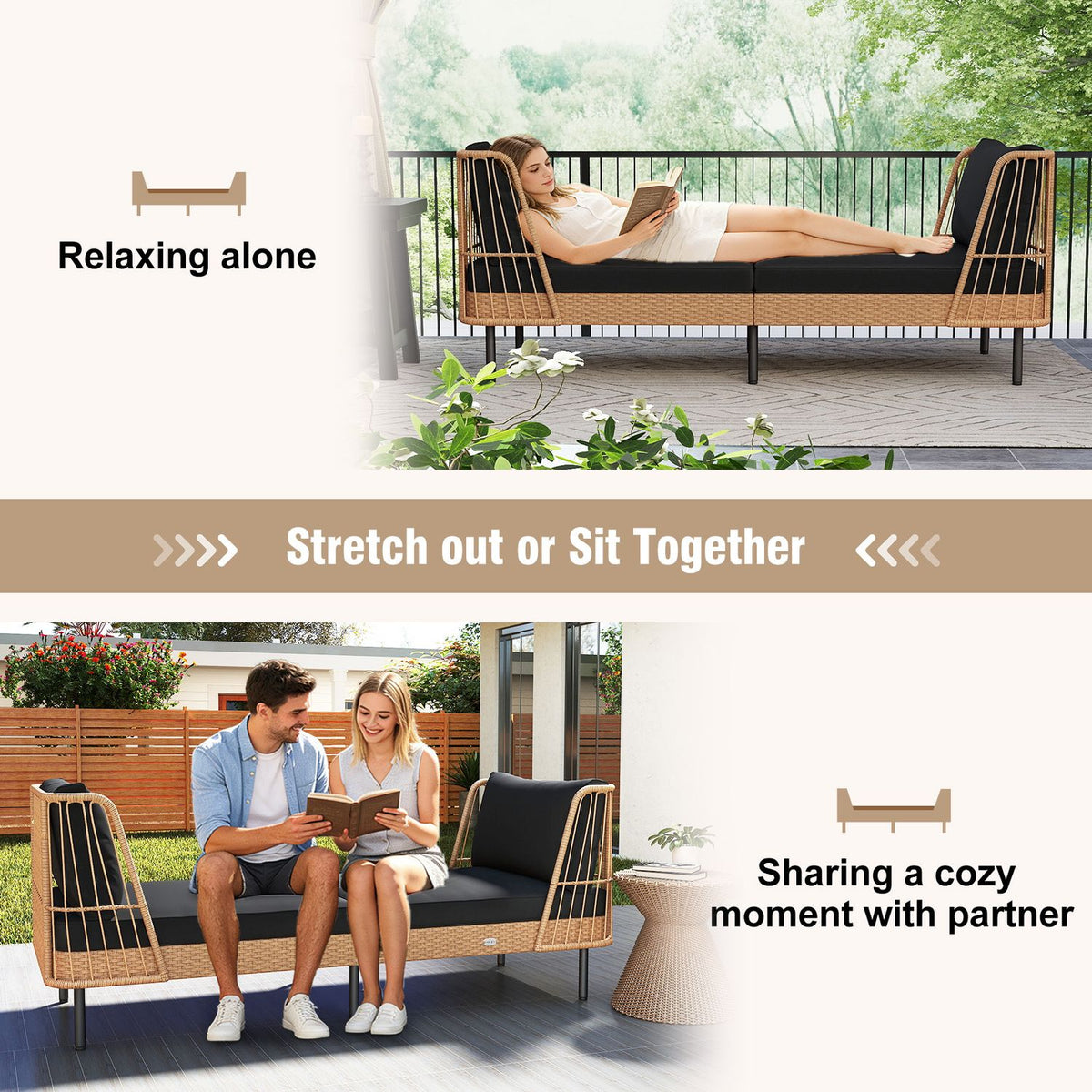 Patio Wicker Daybed Outdoor Boho Rattan Loveseat Sofa with Seat and Back Cushions