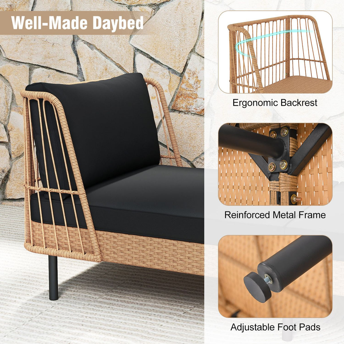 Patio Wicker Daybed Outdoor Boho Rattan Loveseat Sofa with Seat and Back Cushions