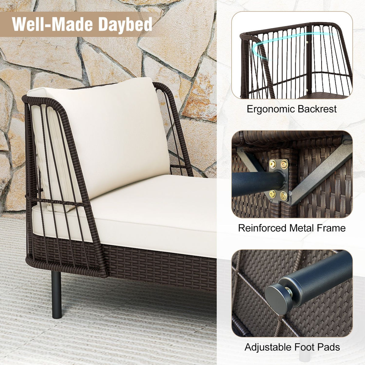 Patio Wicker Daybed Outdoor Boho Rattan Loveseat Sofa with Seat and Back Cushions