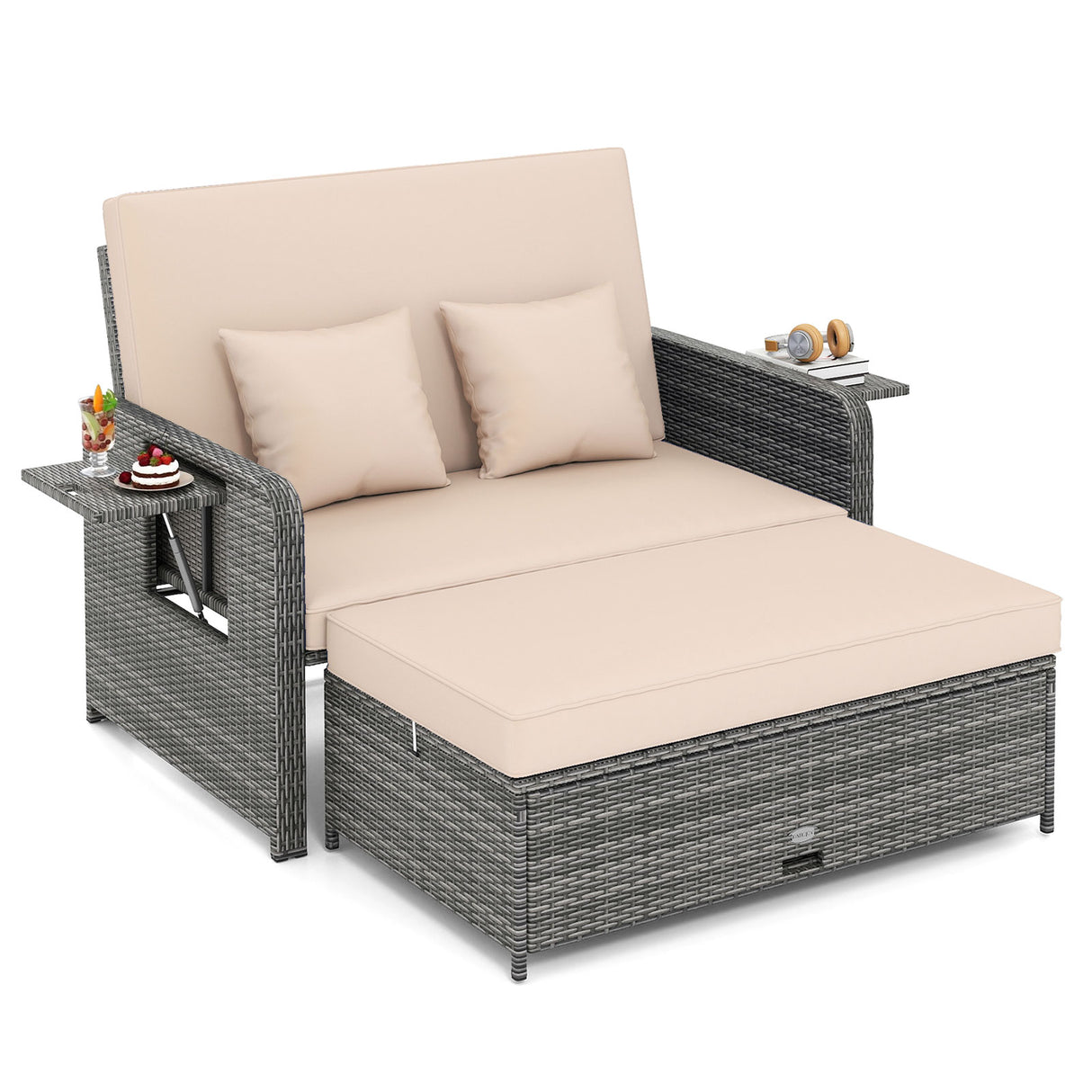 Wicker Loveseat Sofa with Multipurpose Ottoman and Retractable Side Tray