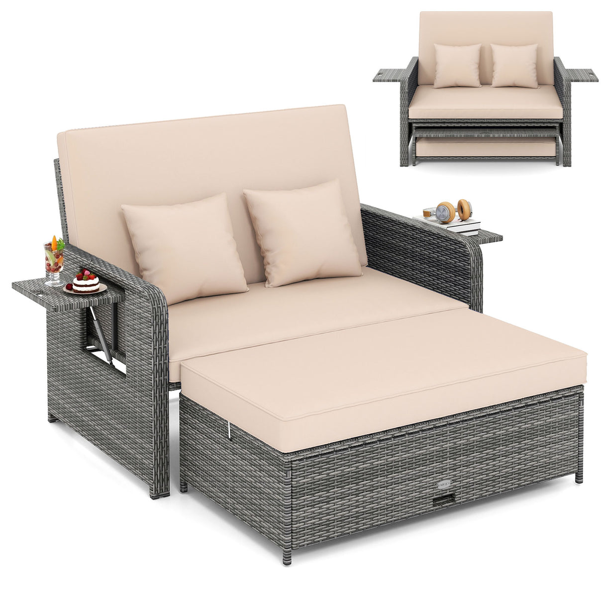 Wicker Loveseat Sofa with Multipurpose Ottoman and Retractable Side Tray