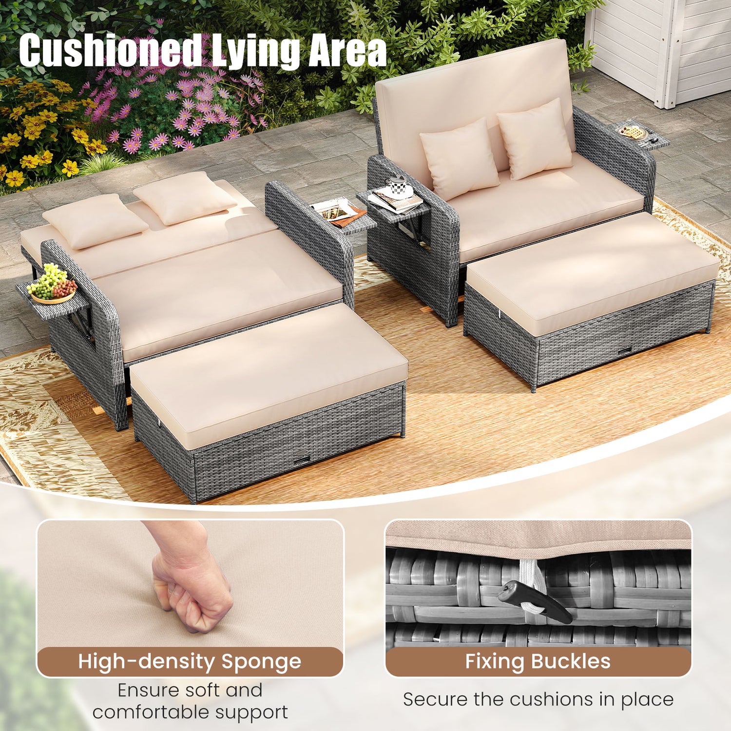 Wicker Loveseat Sofa with Multipurpose Ottoman and Retractable Side Tray