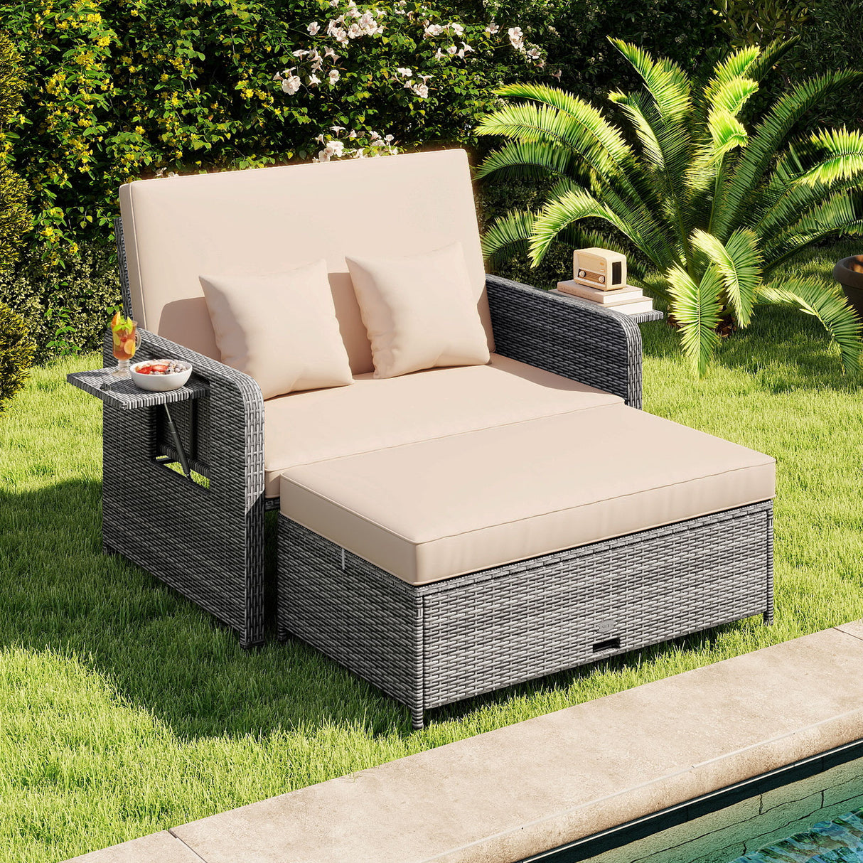 Wicker Loveseat Sofa with Multipurpose Ottoman and Retractable Side Tray