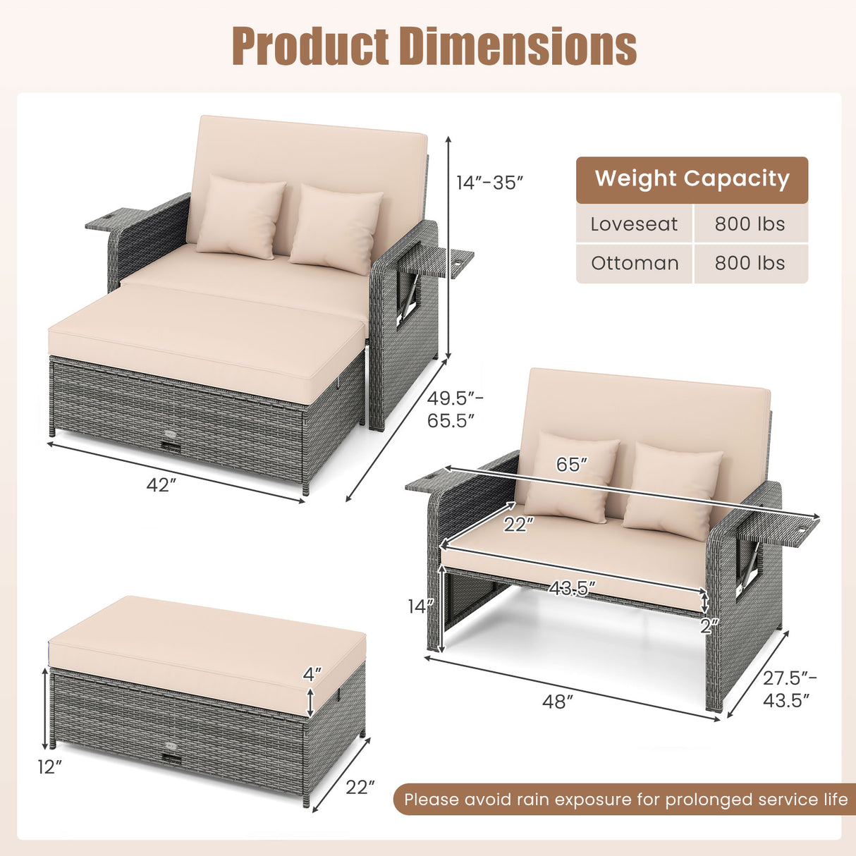 Wicker Loveseat Sofa with Multipurpose Ottoman and Retractable Side Tray