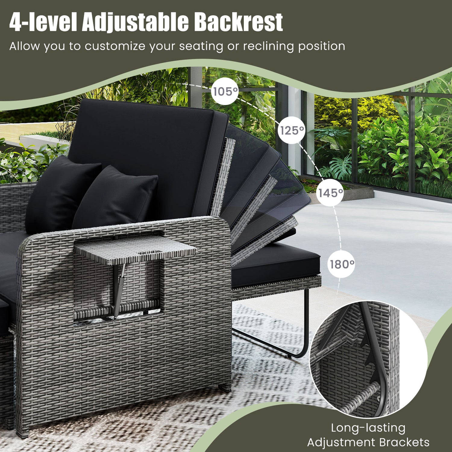 Wicker Loveseat Sofa with Multipurpose Ottoman and Retractable Side Tray