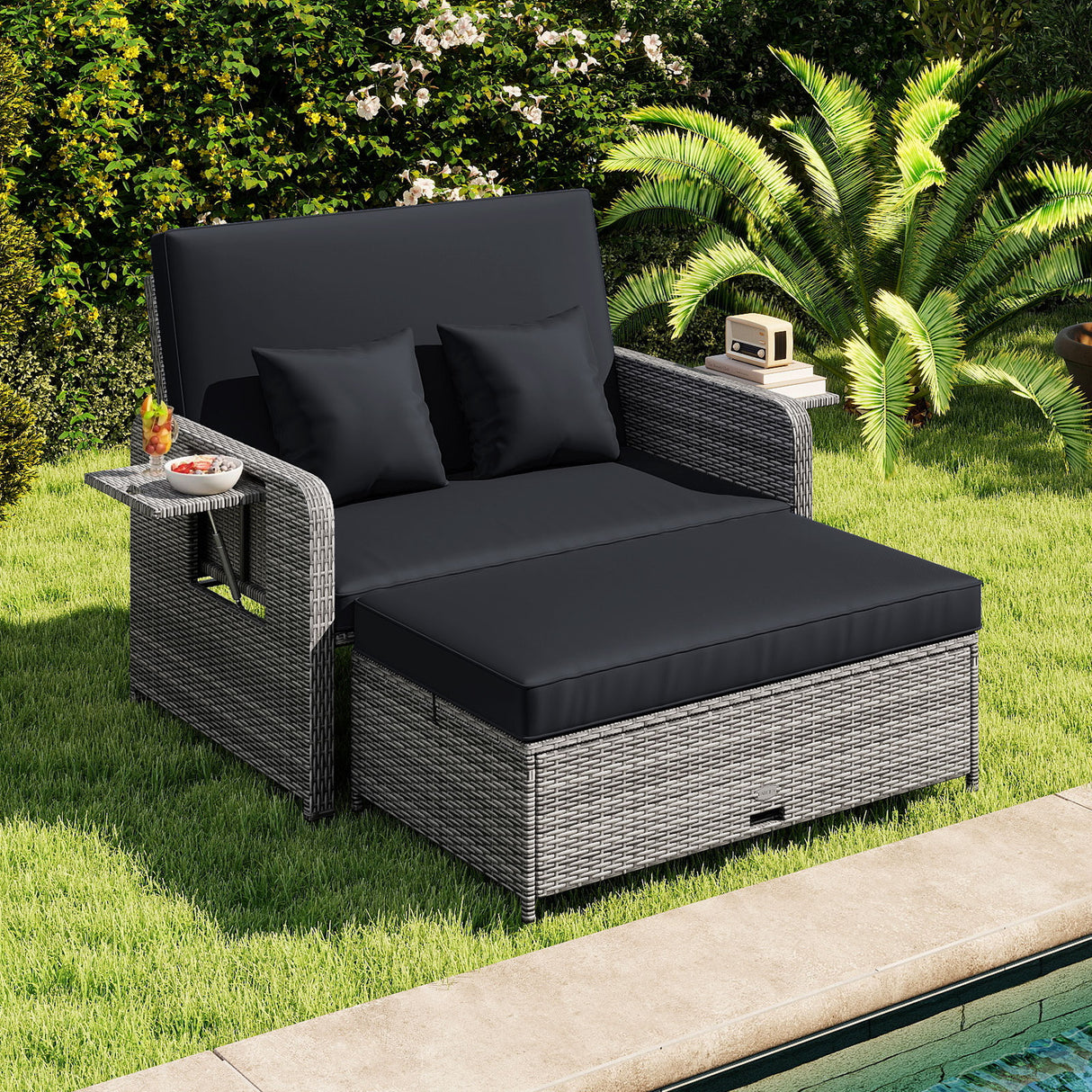 Wicker Loveseat Sofa with Multipurpose Ottoman and Retractable Side Tray