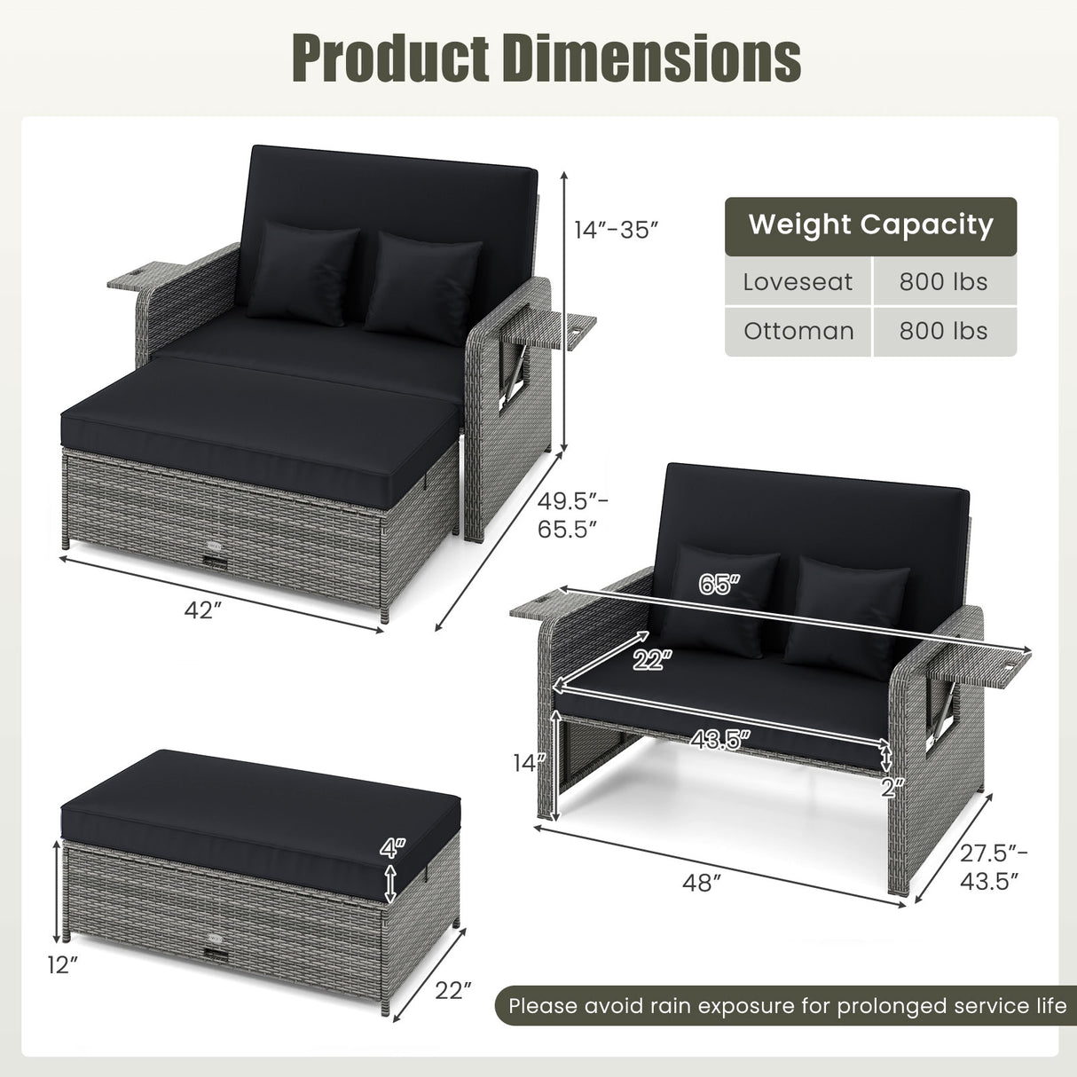 Wicker Loveseat Sofa with Multipurpose Ottoman and Retractable Side Tray