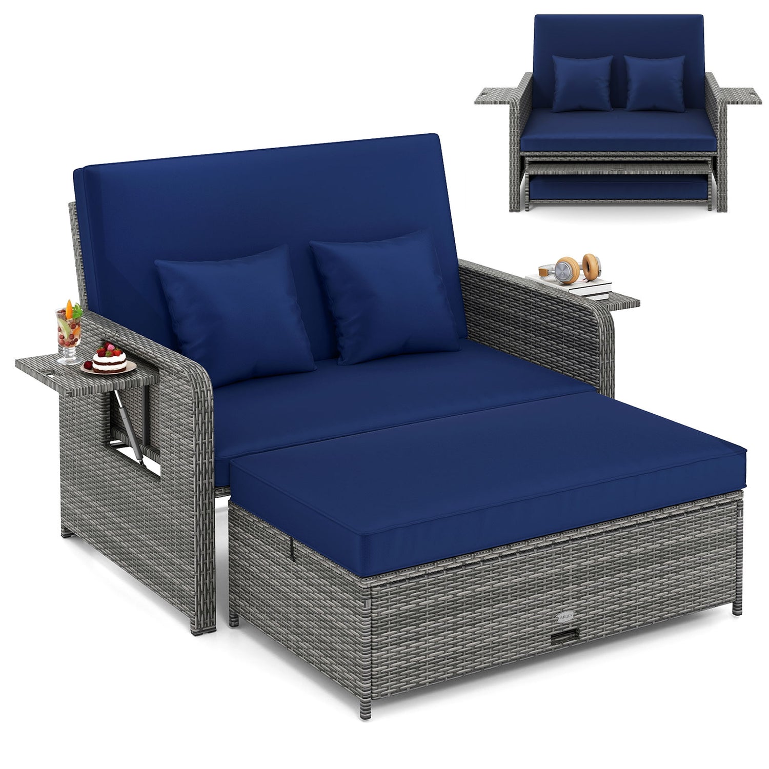 Wicker Loveseat Sofa with Multipurpose Ottoman and Retractable Side Tray