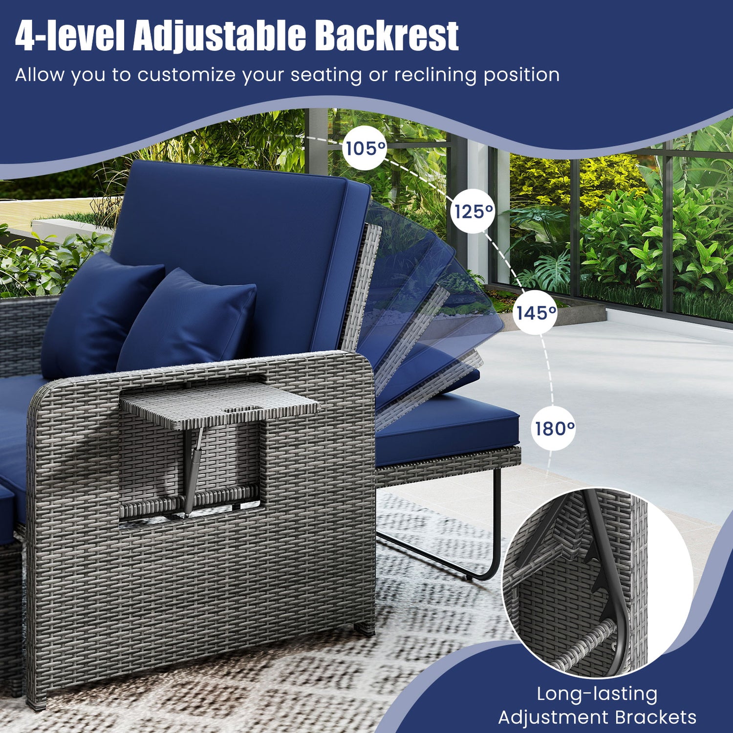 Wicker Loveseat Sofa with Multipurpose Ottoman and Retractable Side Tray