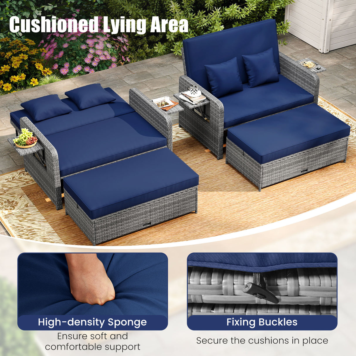 Wicker Loveseat Sofa with Multipurpose Ottoman and Retractable Side Tray