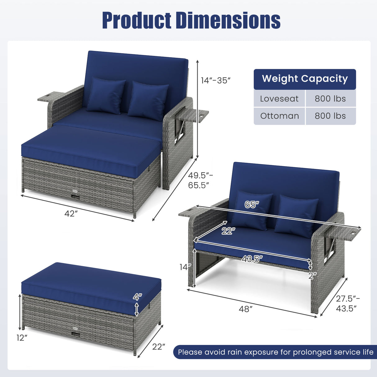 Wicker Loveseat Sofa with Multipurpose Ottoman and Retractable Side Tray