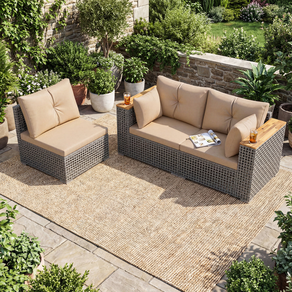 Patio Wicker Sectional Furniture Set with 1 Armless and 2 Corner Sofas for Garden