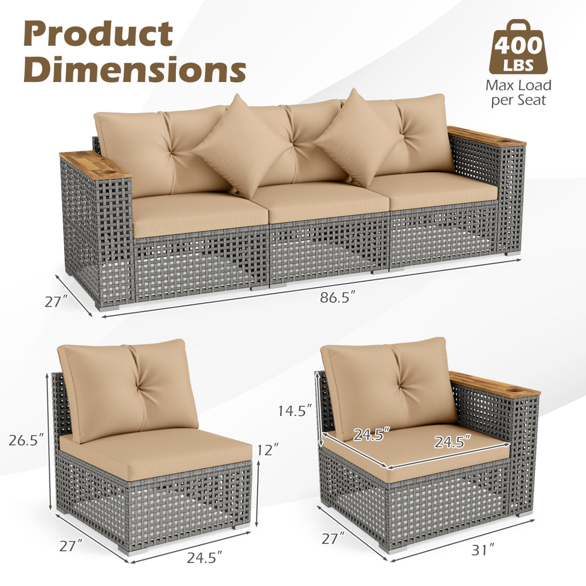 Patio Wicker Sectional Furniture Set with 1 Armless and 2 Corner Sofas for Garden