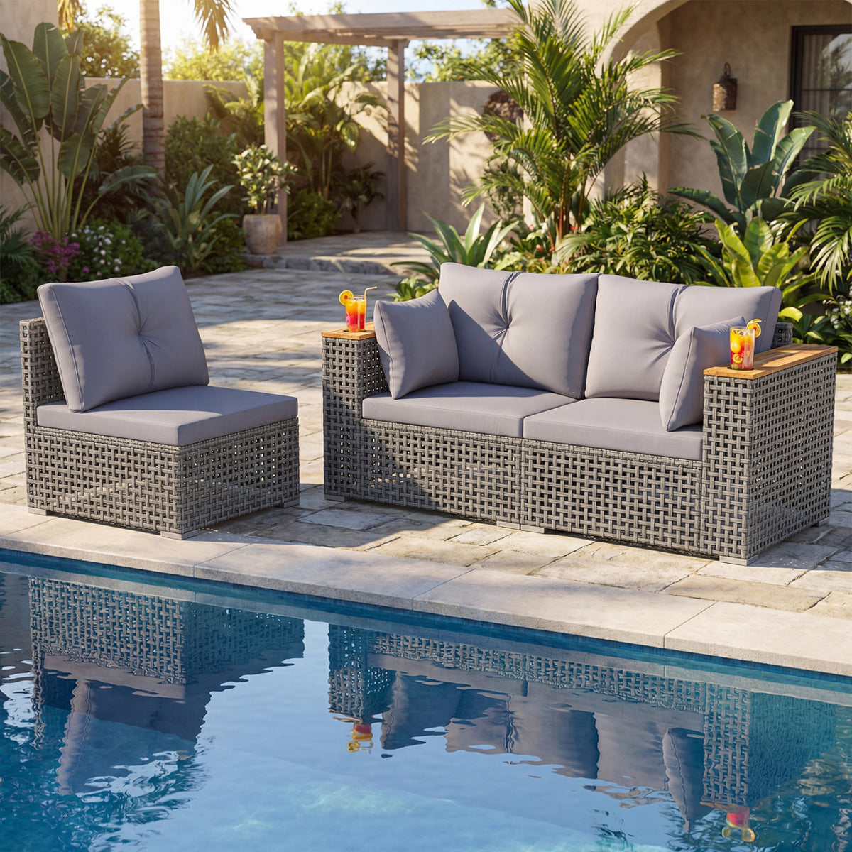 Patio Wicker Sectional Furniture Set with 1 Armless and 2 Corner Sofas for Garden