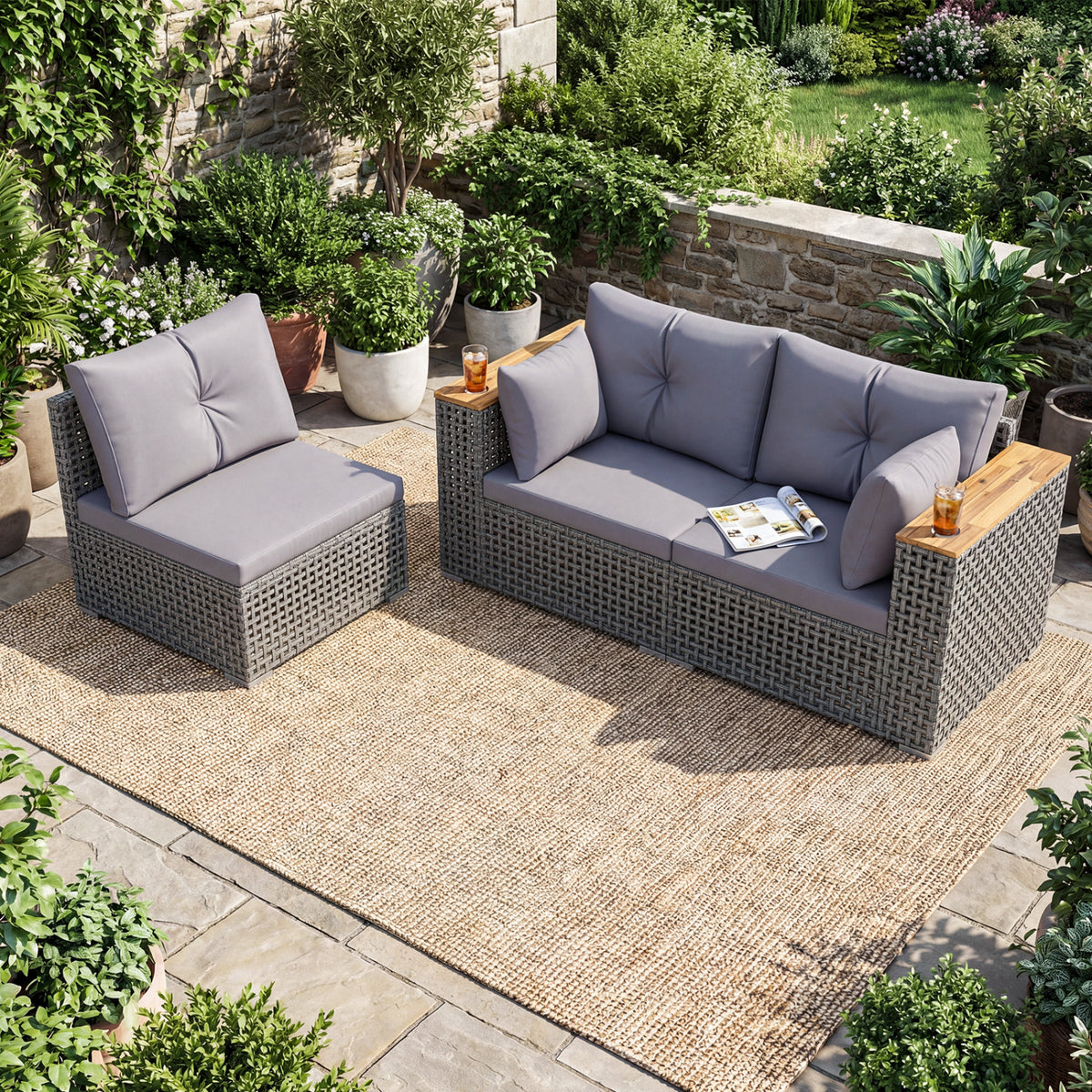 Patio Wicker Sectional Furniture Set with 1 Armless and 2 Corner Sofas for Garden
