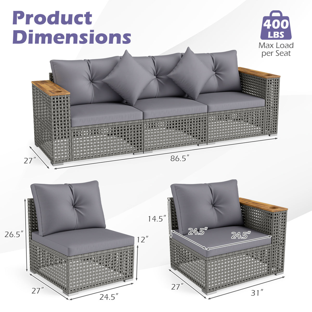 Patio Wicker Sectional Furniture Set with 1 Armless and 2 Corner Sofas for Garden