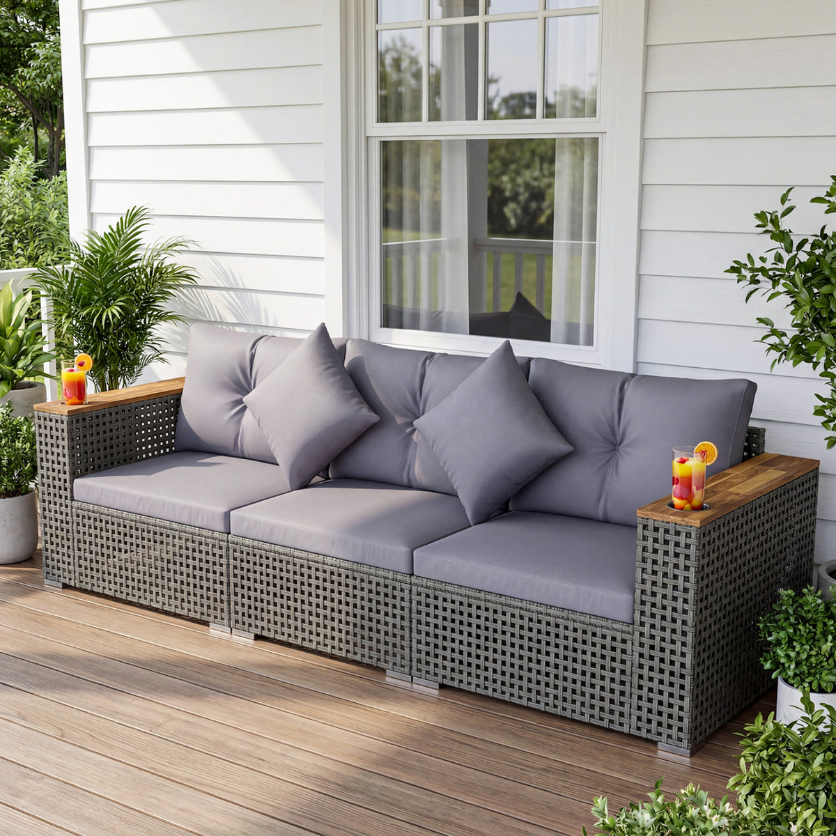 Patio Wicker Sectional Furniture Set with 1 Armless and 2 Corner Sofas for Garden