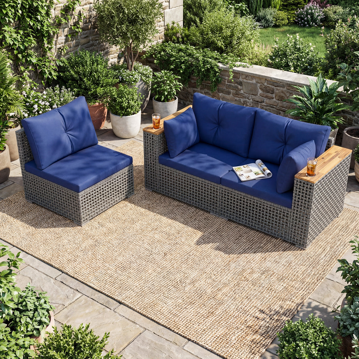 Patio Wicker Sectional Furniture Set with 1 Armless and 2 Corner Sofas for Garden