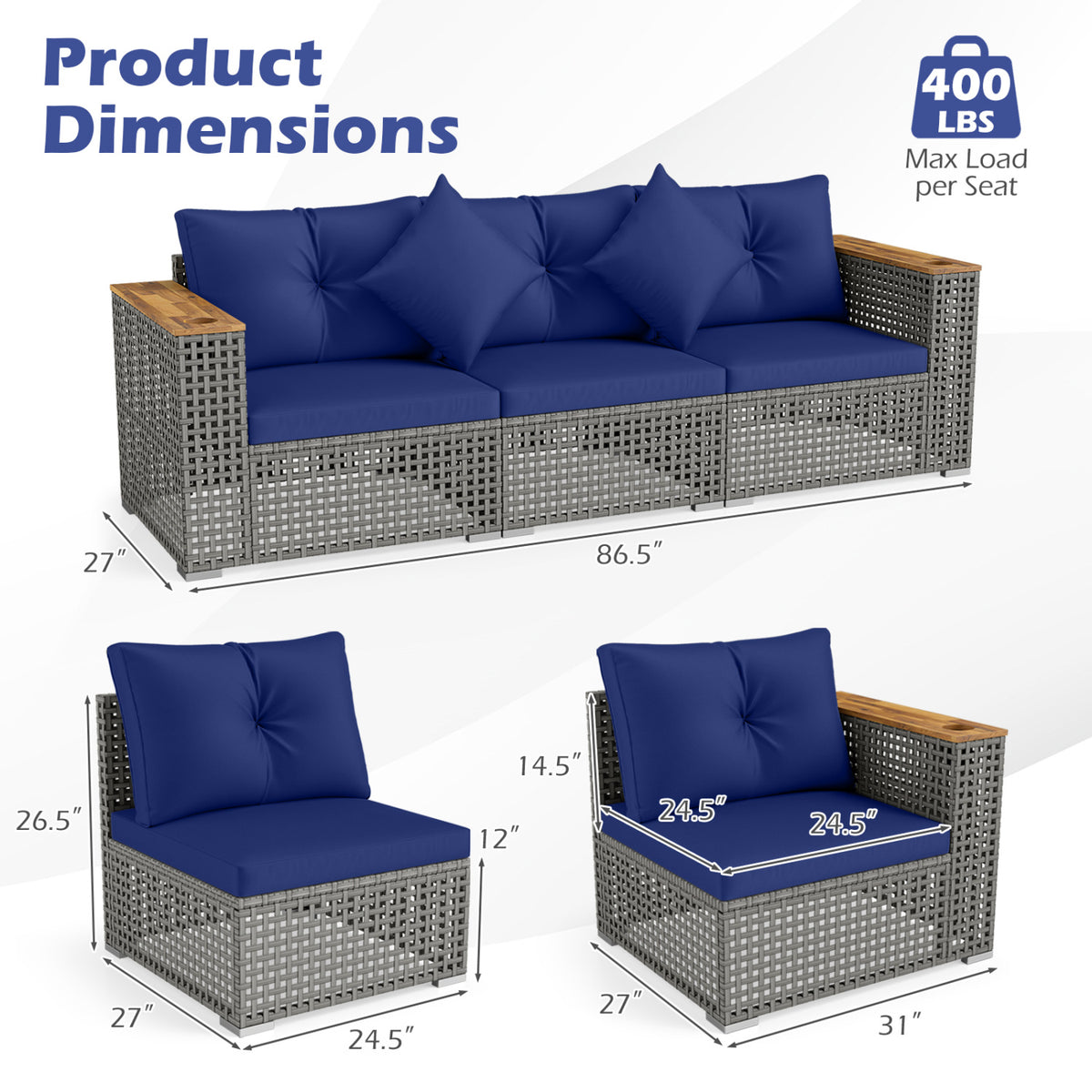 Patio Wicker Sectional Furniture Set with 1 Armless and 2 Corner Sofas for Garden