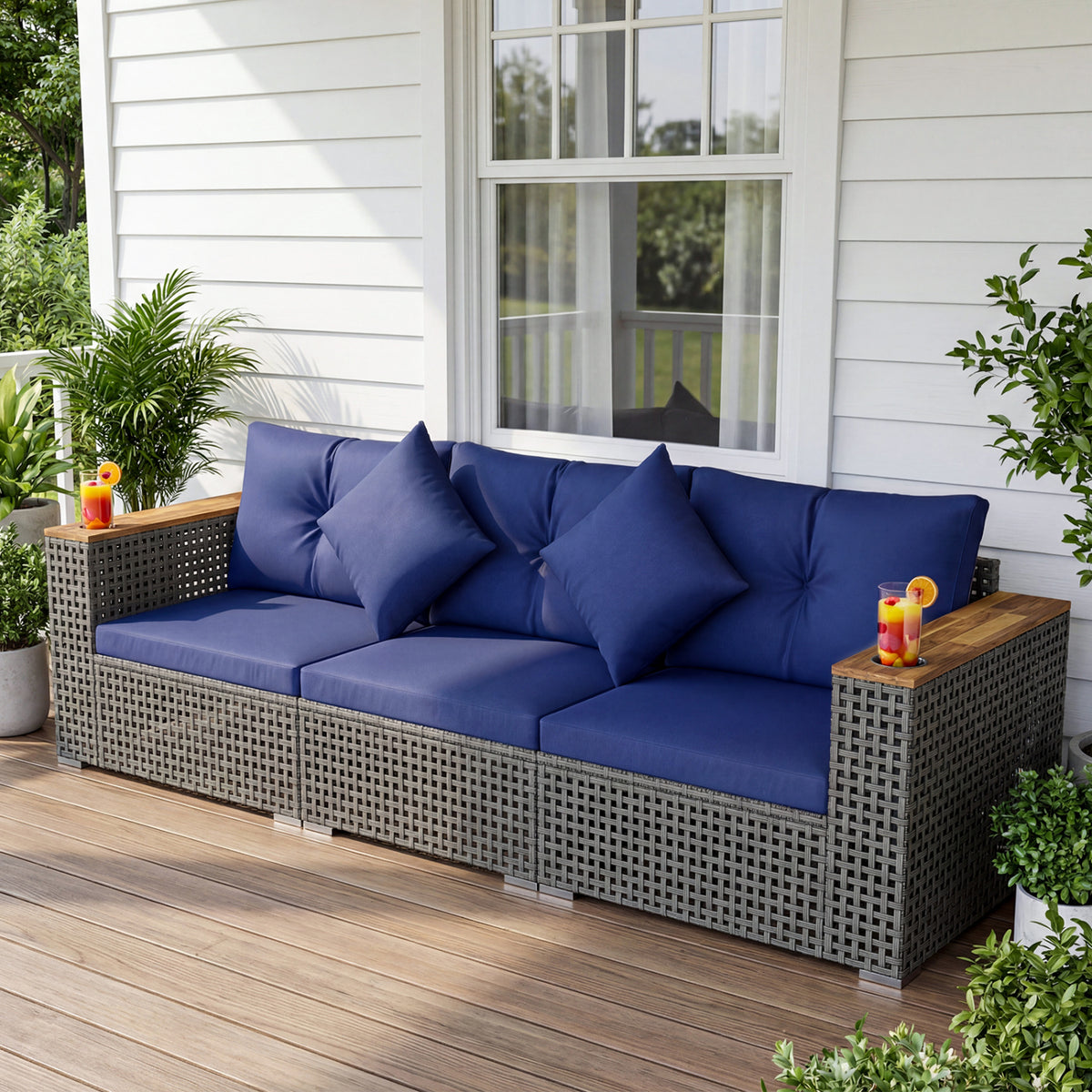 Patio Wicker Sectional Furniture Set with 1 Armless and 2 Corner Sofas for Garden