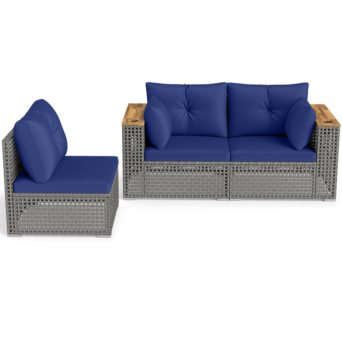 Patio Wicker Sectional Furniture Set with 1 Armless and 2 Corner Sofas for Garden