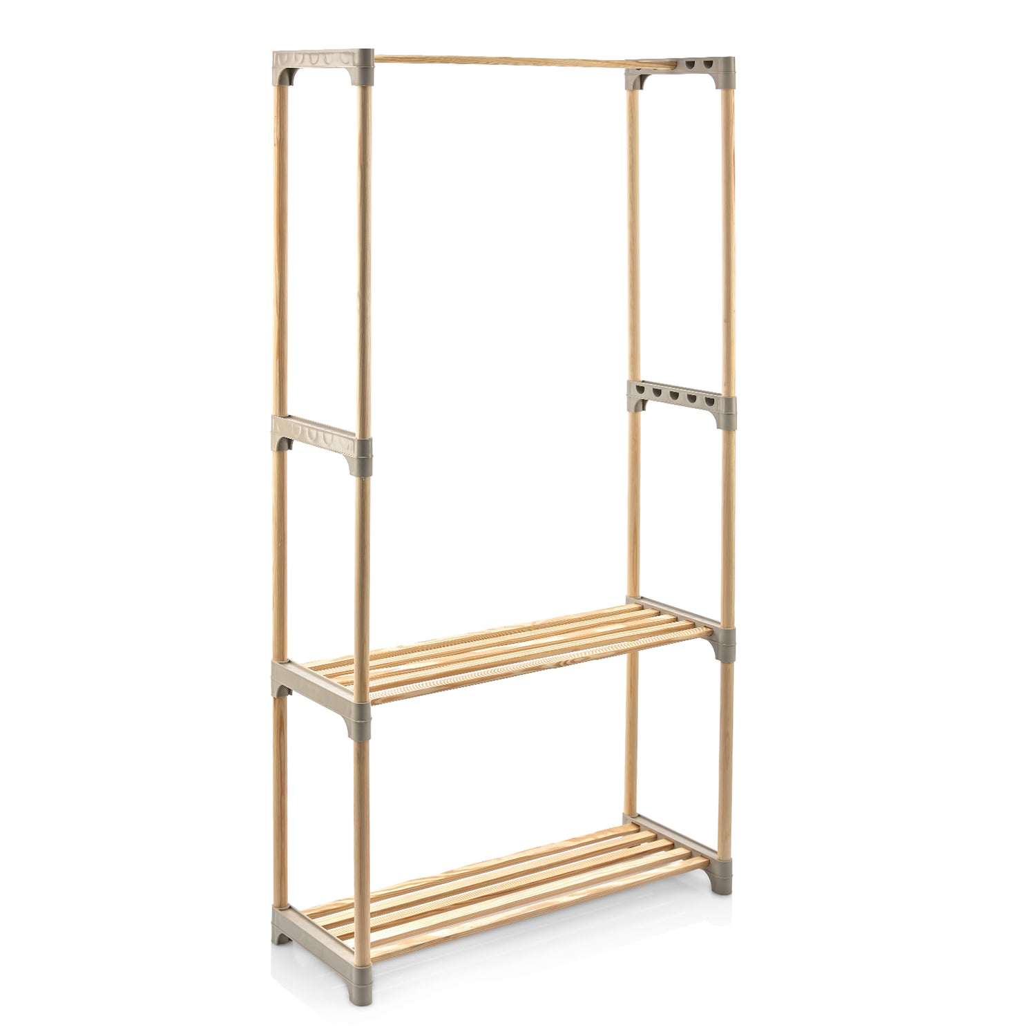Pine Wood Clothes Rack with 2-Tier Open Storage Shelf for Hanging Clothes-Gray